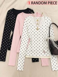 1pc Tween Girls T-Shirt, Round Neck Long Sleeve Slim Fit Polka Dot Pattern Top, Casual Everyday T-Shirt For Autumn - White - View 2
