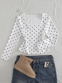 1pc Tween Girls T-Shirt, Round Neck Long Sleeve Slim Fit Polka Dot Pattern Top, Casual Everyday T-Shirt For Autumn - White - View 8