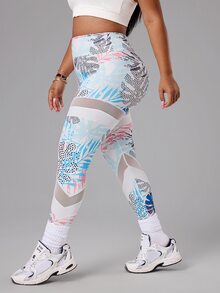 SHEIN Unity Plus Size Women Tropical Plant Print High Waist Patchwork Sheer Mesh Sports Leggings - Multicolor - View 3