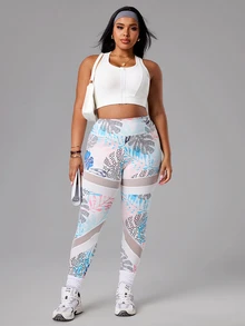 SHEIN Unity Plus Size Women Tropical Plant Print High Waist Patchwork Sheer Mesh Sports Leggings - Multicolor - View 8
