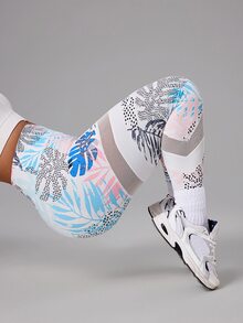 SHEIN Unity Plus Size Women Tropical Plant Print High Waist Patchwork Sheer Mesh Sports Leggings - Multicolor - View 7