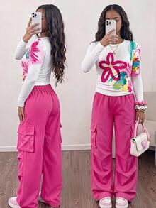 Tween Girl) Streetwear Pink Floral Print Long Sleeve T-Shirt And Cargo Pants With Pockets Set - Pink - View 1