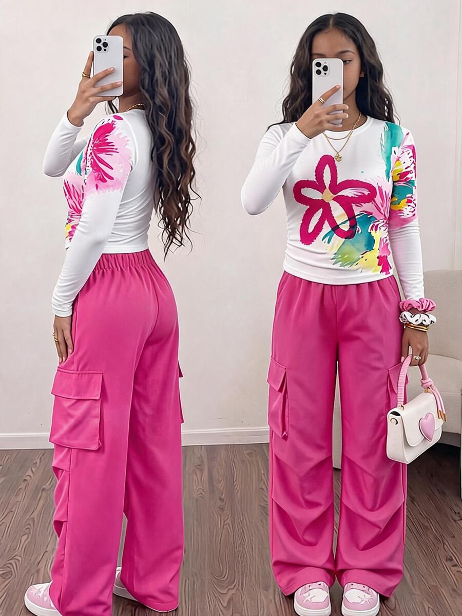 Tween Girl) Streetwear Pink Floral Print Long Sleeve T-Shirt And Cargo Pants With Pockets Set - Pink - View 1