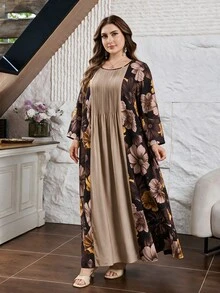 Lacomfia Plus Contrast Floral Print Pleated Detail Dress - Multicolor - View 7