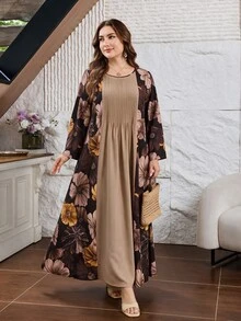 Lacomfia Plus Contrast Floral Print Pleated Detail Dress - Multicolor - View 3