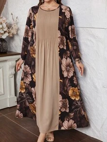 Lacomfia Plus Contrast Floral Print Pleated Detail Dress - Multicolor - View 8
