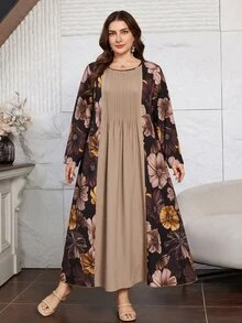 Lacomfia Plus Contrast Floral Print Pleated Detail Dress - Multicolor - View 5