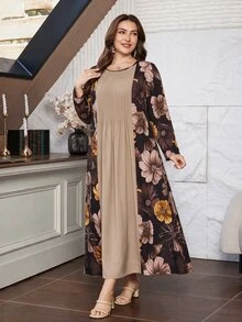 Lacomfia Plus Contrast Floral Print Pleated Detail Dress - Multicolor - View 9