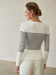 MOTF PREMIUM SWEATER WANITA KASUAL SEHARI-HARI MUSIM GUGUR/DINGIN SERBAGUNA MOTIF GARIS-GARIS BLOK WARNA POTONGAN SLIM FIT - Putih - View 4