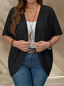 Rosumi Plus Size Women's Solid Color Short Sleeve Casual Textured Lightweight Coat, Country Concert Summer For Women Family Vacation Black - Black - View 8