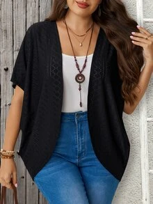 Rosumi Plus Size Women's Solid Color Short Sleeve Casual Textured Lightweight Coat, Country Concert Summer For Women Family Vacation Black - Black - View 7