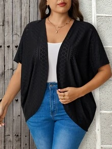 Rosumi Plus Size Women's Solid Color Short Sleeve Casual Textured Lightweight Coat, Country Concert Summer For Women Family Vacation Black - Black - View 4