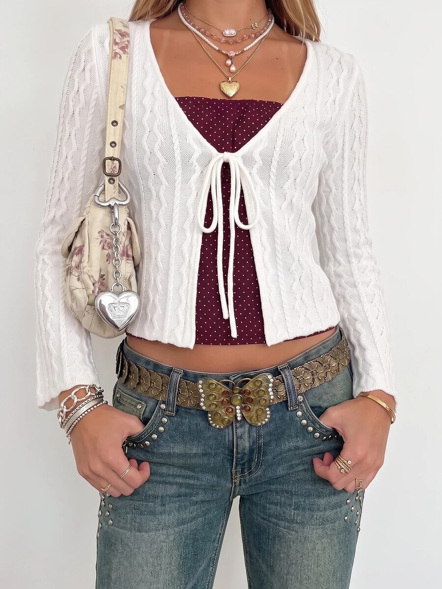 Sundraya American Vintage Lace-Up Bell Sleeve Knit Cardigan Jacket - White - View 1