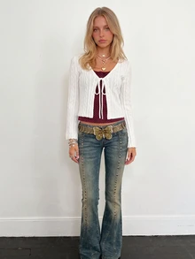 Sundraya American Vintage Lace-Up Bell Sleeve Knit Cardigan Jacket - White - View 4