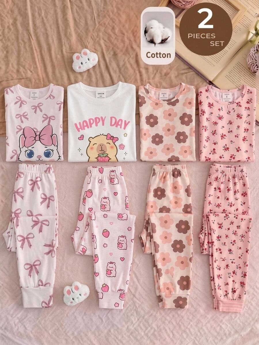 SHEIN 女童秋冬水豚可愛時尚百搭派對長袖長褲套裝,日常居家穿著,修身版型 - 彩色 - 查看 1