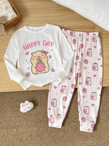 SHEIN 女童秋冬水豚可愛時尚百搭派對長袖長褲套裝，日常居家穿著，修身版型 - 彩色 - 查看 2
