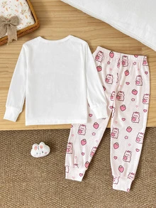 SHEIN 女童秋冬水豚可愛時尚百搭派對長袖長褲套裝，日常居家穿著，修身版型 - 彩色 - 查看 3