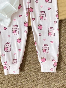 SHEIN 女童秋冬水豚可愛時尚百搭派對長袖長褲套裝，日常居家穿著，修身版型 - 彩色 - 查看 4