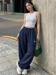 DAZY 女款寬鬆彎腿印花運動長褲，休閒運動街頭風，適合春秋度假穿著 - 寶藍色 - 查看 2