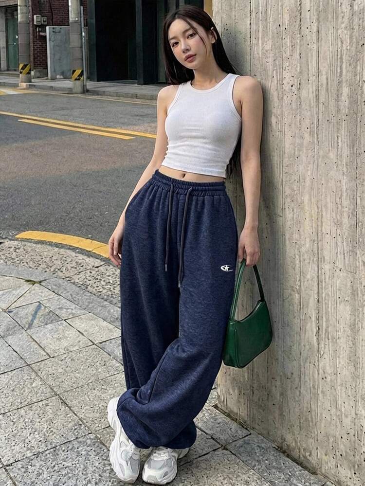 DAZY Women's Loose Curved Leg Print Sweatpants, Casual Sports Streetwear Long Pants For Spring And Autumn Vacation - Royal Blue - View 2