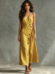 Glimmora Women's Solid Color Single-Breasted Casual Halter Neck Dress - Yellow - View 1