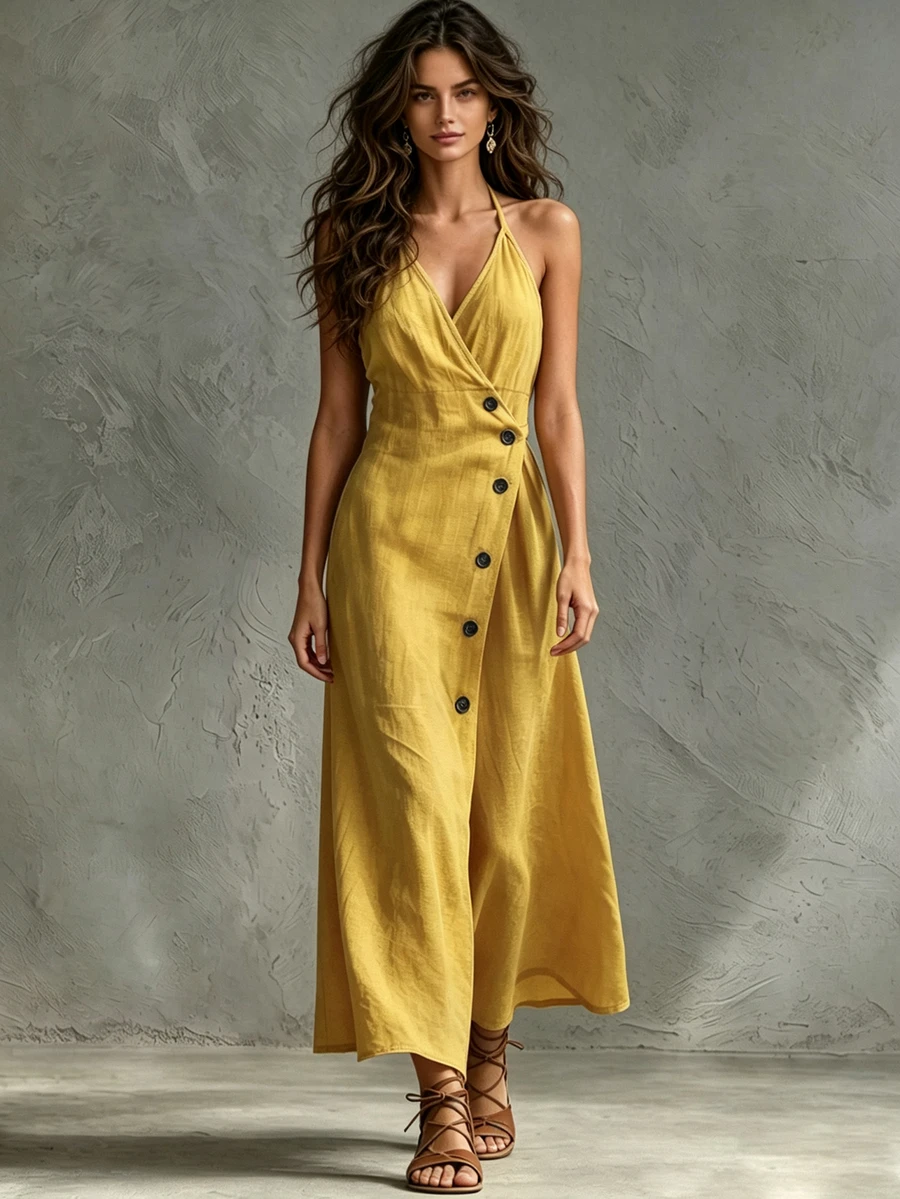 Glimmora Women's Solid Color Single-Breasted Casual Halter Neck Dress - Yellow - View 1