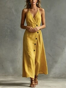 Glimmora Women's Solid Color Single-Breasted Casual Halter Neck Dress - Yellow - View 4