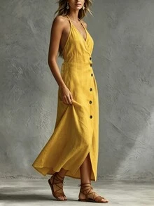 Glimmora Women's Solid Color Single-Breasted Casual Halter Neck Dress - Yellow - View 3