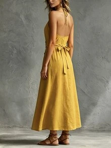 Glimmora Women's Solid Color Single-Breasted Casual Halter Neck Dress - Yellow - View 2