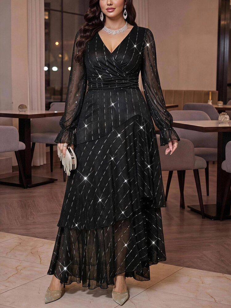 Reflora Plus Size Women's Rhinestone V-Neck Long Sleeve Ruffle Hem Elegant Dress - Black - View 7