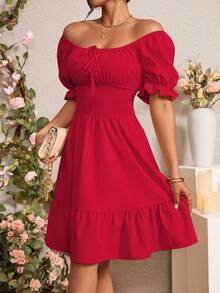 Rafferiza Summer Tie Front Ruffle Hem Puff Sleeve Dress For New Year Clothes - Red - View 5