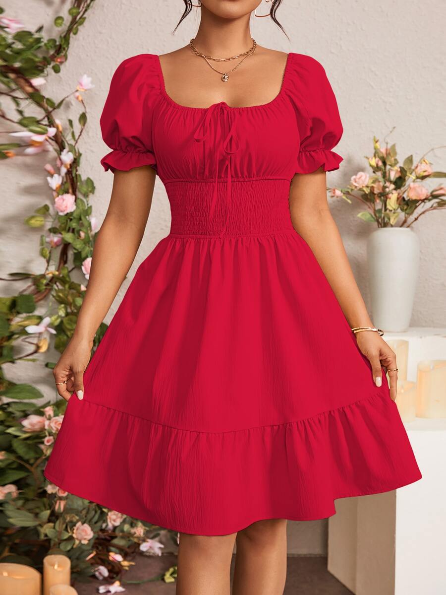 Rafferiza Summer Tie Front Ruffle Hem Puff Sleeve Dress For New Year Clothes - Red - View 1