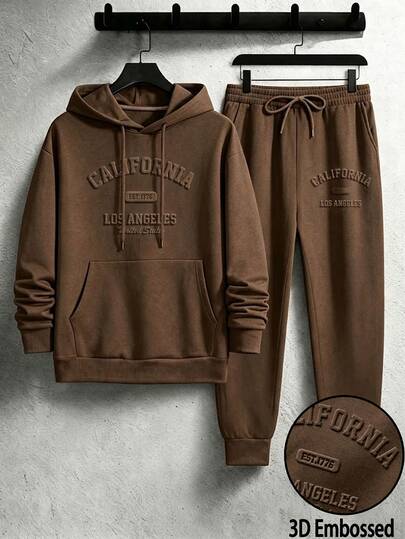 Manfinity LEGND Men's Letter Embossed Drawstring Hoodie And Sweatpants Set