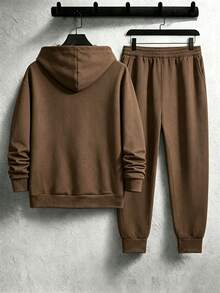 Manfinity LEGND Men's Letter Embossed Drawstring Hoodie And Sweatpants Set - Brown - View 3