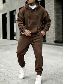 Manfinity LEGND Men's Letter Embossed Drawstring Hoodie And Sweatpants Set - Brown - View 1