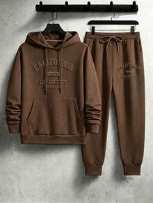 Manfinity LEGND Men's Letter Embossed Drawstring Hoodie And Sweatpants Set - Brown - View 8