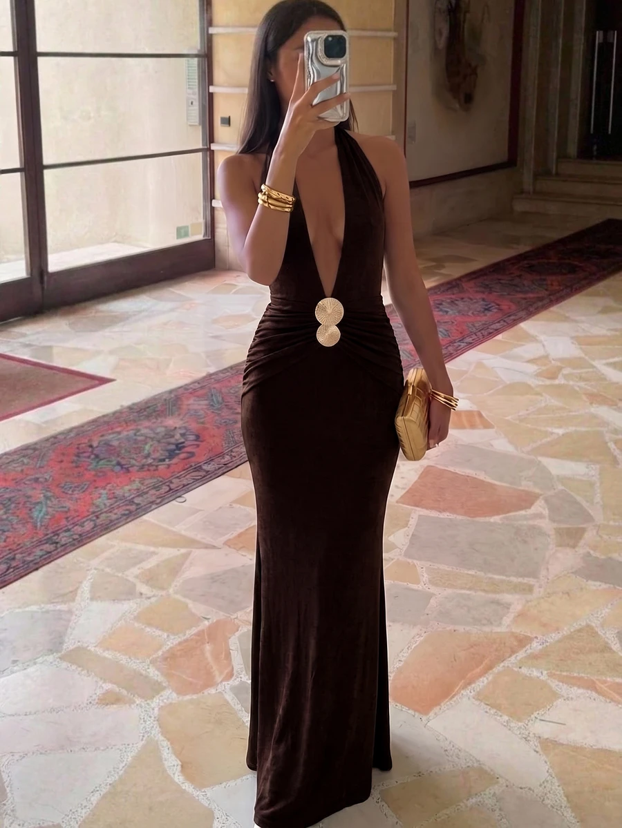 Aloruh Light Green Deep V Sexy Vacation Date Dress - Coffee Brown - View 1