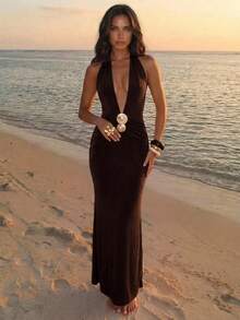 Aloruh Light Green Deep V Sexy Vacation Date Dress - Coffee Brown - View 4