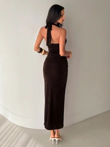Aloruh Light Green Deep V Sexy Vacation Date Dress - Coffee Brown - View 2