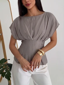 Aloruh 女款優雅成熟通勤圓領套頭休閒條紋短袖襯衫，灰色夏季辦公約會穿搭 - 摩卡棕 - 查看 4