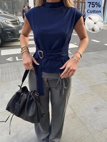 Aloruh Dark Short Sleeve Shirt Elegant Business Commute Minimalist Old Money Style Sophisticated Office Blouse - Navy Blue - View 3