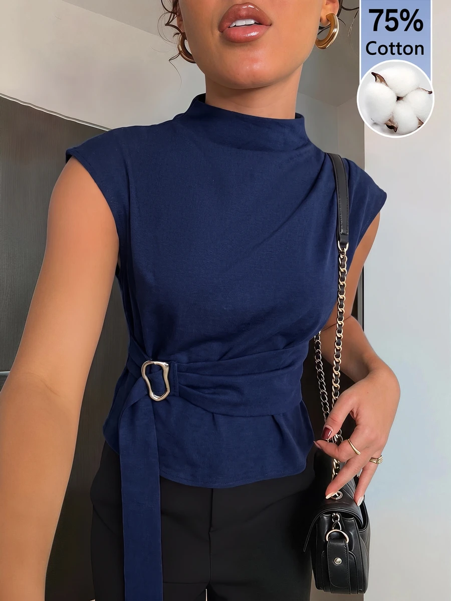 Aloruh Dark Short Sleeve Shirt Elegant Business Commute Minimalist Old Money Style Sophisticated Office Blouse - Navy Blue - View 1