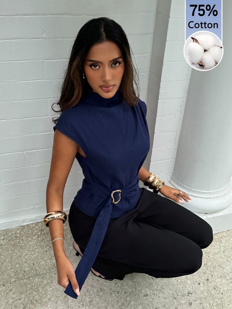Aloruh Dark Short Sleeve Shirt Elegant Business Commute Minimalist Old Money Style Sophisticated Office Blouse - Navy Blue - View 9