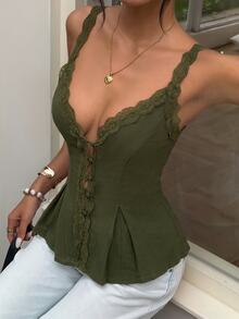 Aloruh Women's Elegant Casual Commute Top Lace Trim Patchwork Solid Color Sleeveless Blouse Summer - Army Green - View 5