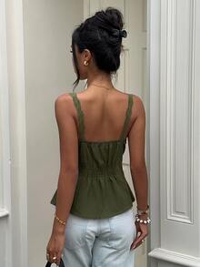Aloruh Women's Elegant Casual Commute Top Lace Trim Patchwork Solid Color Sleeveless Blouse Summer - Army Green - View 2