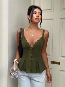 Aloruh Women's Elegant Casual Commute Top Lace Trim Patchwork Solid Color Sleeveless Blouse Summer - Army Green - View 6