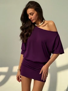 Aloruh Women's Sexy Ruched Asymmetrical Shoulder Waist-Cinching Bodycon Dress - Purple - View 5