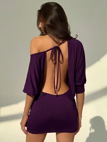 Aloruh Women's Sexy Ruched Asymmetrical Shoulder Waist-Cinching Bodycon Dress - Purple - View 2