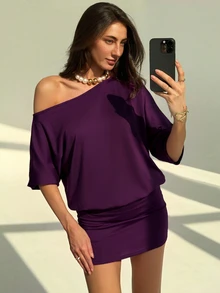 Aloruh Women's Sexy Ruched Asymmetrical Shoulder Waist-Cinching Bodycon Dress - Purple - View 6