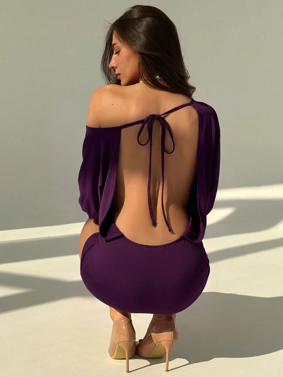 Aloruh Women's Sexy Ruched Asymmetrical Shoulder Waist-Cinching Bodycon Dress - Purple - View 1
